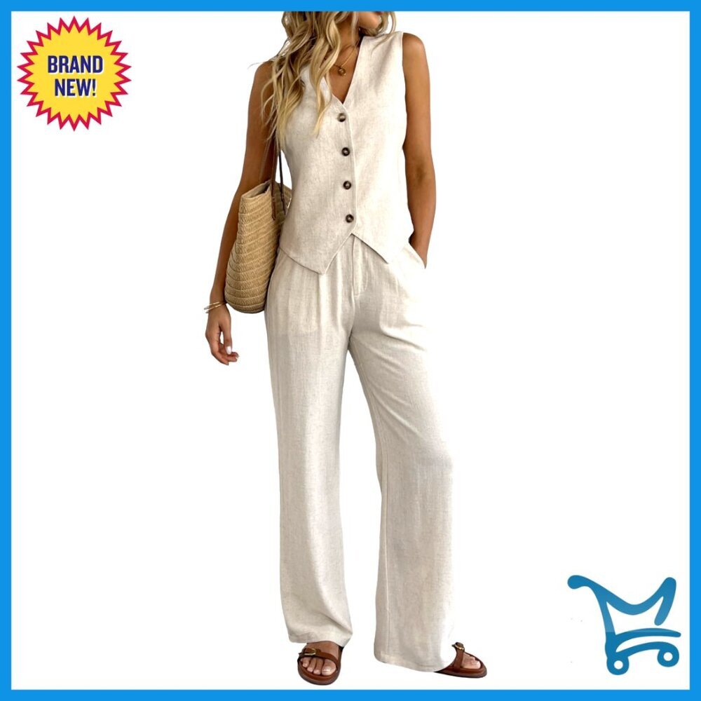 Linen Blend 2-Piece Suit Set: Crop Vest & Wide Leg Pants for Women